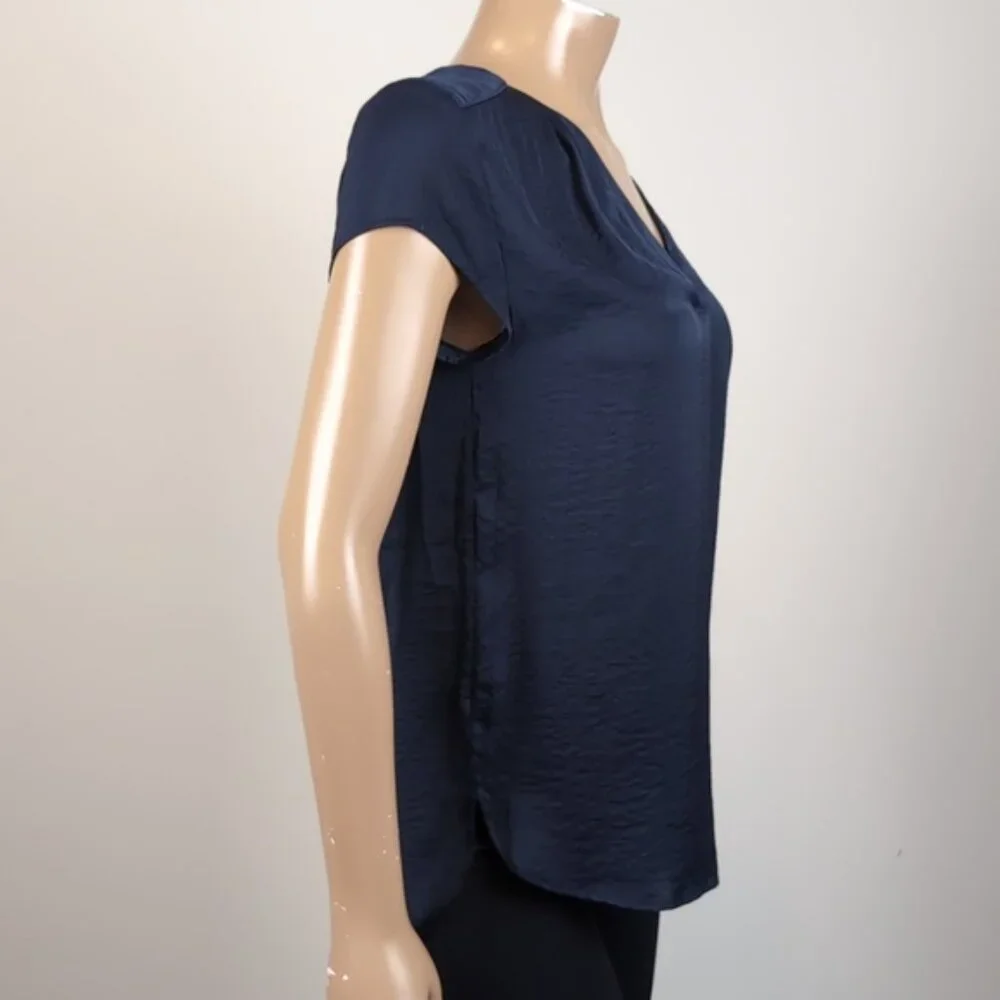 H&M Navy Vneck Top Short Sleeve Blue Satin Pleated Blouse - Picture 8 of 12